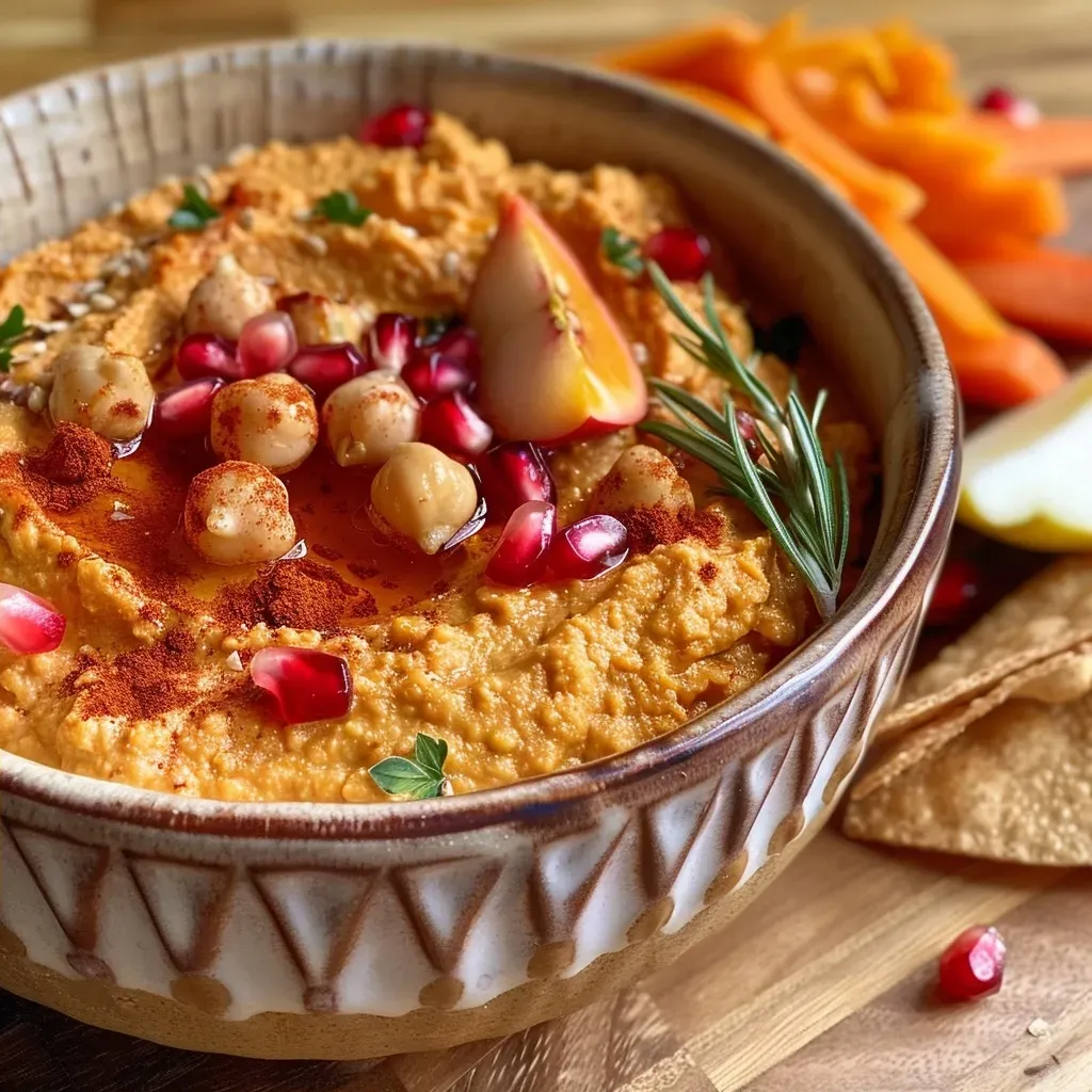 Close-up view of creamy pumpkin hummus in a bowl with a drizzle of olive oil.