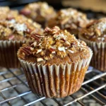 ['Close-up view of freshly baked Pumpkin Morning Glory Muffins with visible pumpkin and apple bits.', 'Side angle shot of golden-brown Pumpkin Morning Glory Muffins topped with nuts and flakes of coconut.', 'Juicy and moist Pumpkin Morning Glory Muffins displayed with a rich texture and colorful ingredients.', 'Delicious Pumpkin Morning Glory Muffins featuring chunks of apple and cranberries, ready to eat.']