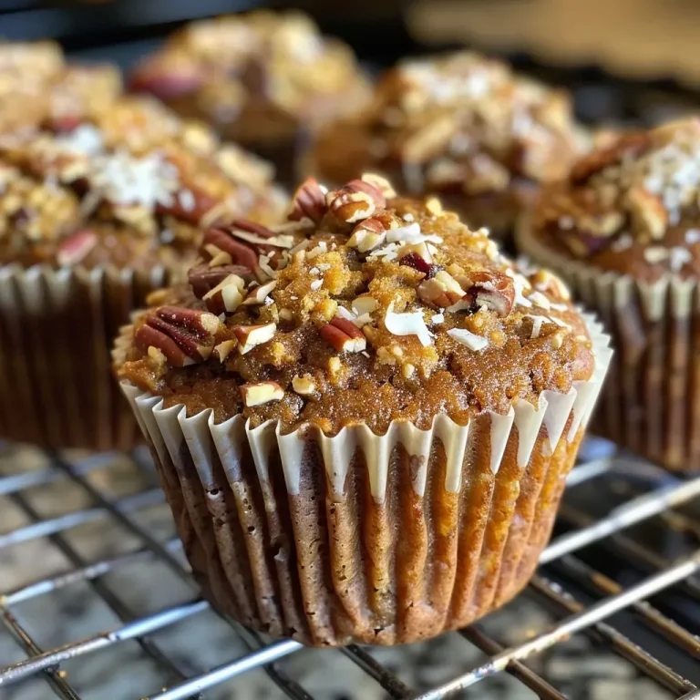 ['Close-up view of freshly baked Pumpkin Morning Glory Muffins with visible pumpkin and apple bits.', 'Side angle shot of golden-brown Pumpkin Morning Glory Muffins topped with nuts and flakes of coconut.', 'Juicy and moist Pumpkin Morning Glory Muffins displayed with a rich texture and colorful ingredients.', 'Delicious Pumpkin Morning Glory Muffins featuring chunks of apple and cranberries, ready to eat.']