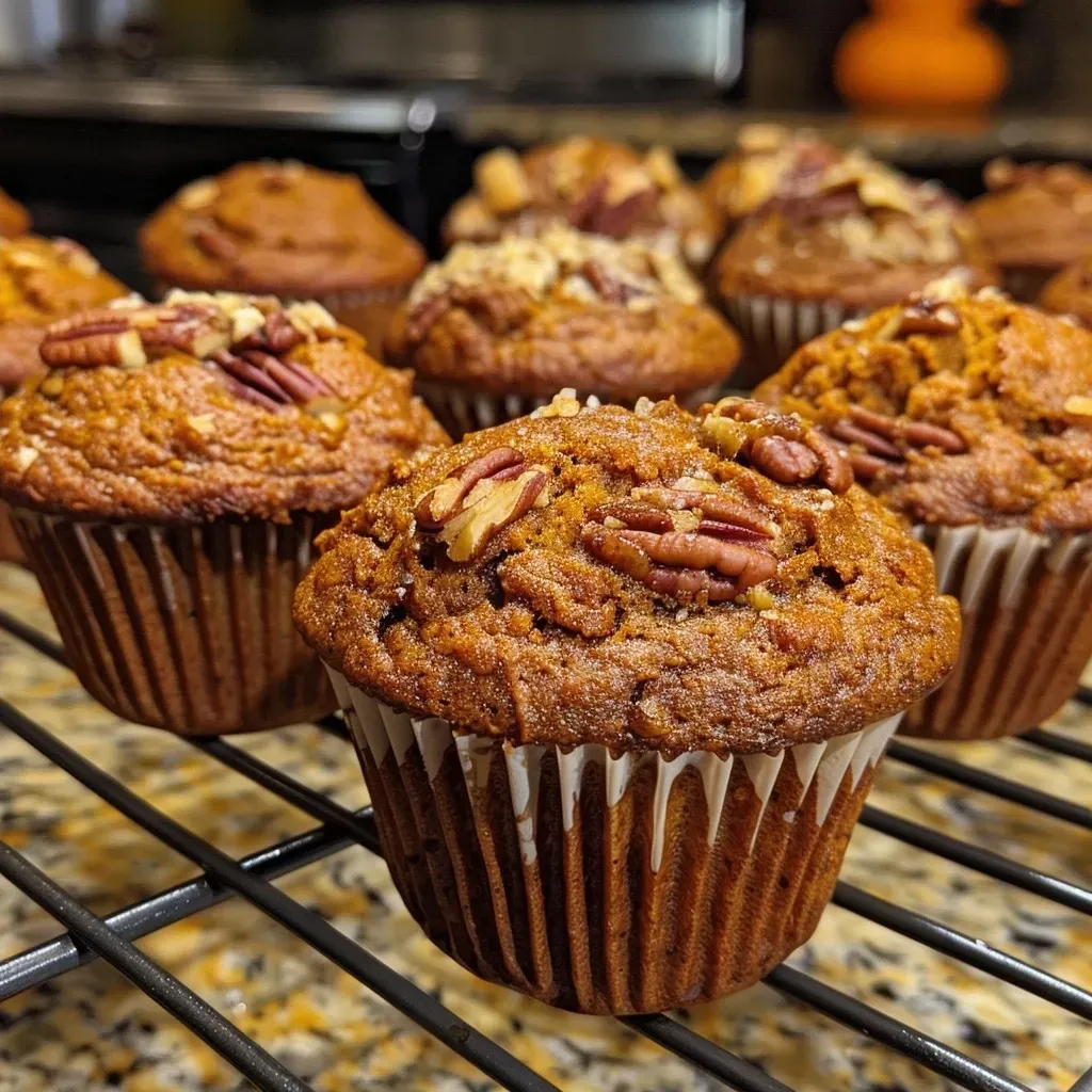 ['Close-up view of freshly baked Pumpkin Morning Glory Muffins with visible pumpkin and apple bits.', 'Side angle shot of golden-brown Pumpkin Morning Glory Muffins topped with nuts and flakes of coconut.', 'Juicy and moist Pumpkin Morning Glory Muffins displayed with a rich texture and colorful ingredients.', 'Delicious Pumpkin Morning Glory Muffins featuring chunks of apple and cranberries, ready to eat.']
