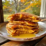 ['Close-up side view of pumpkin pancakes topped with syrup and whipped cream.', 'Delicious pumpkin pancakes stacked on a plate with a golden-brown hue.', 'A tempting display of pumpkin pancakes garnished with a sprinkle of pumpkin pie spice.', 'Juicy pumpkin pancakes served with a drizzle of syrup and fresh toppings.']
