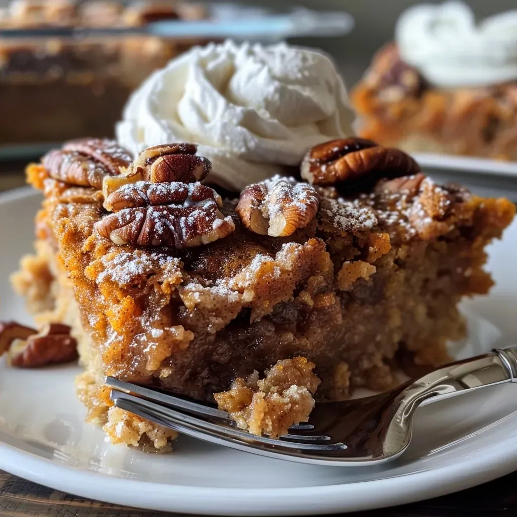 Close-up side view of a slice of Pumpkin Pecan Cobbler topped with chopped pecans.