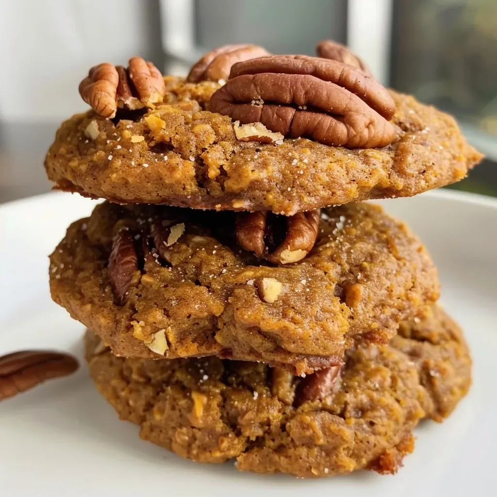 ['Close-up view of a pumpkin pecan cookie topped with chopped pecans.', 'Side view of a moist pumpkin pecan cookie with a golden-brown surface.', 'Delicious pumpkin pecan cookie showcasing a soft texture and nutty topping.', 'A freshly baked pumpkin pecan cookie with visible cinnamon and pecans.']