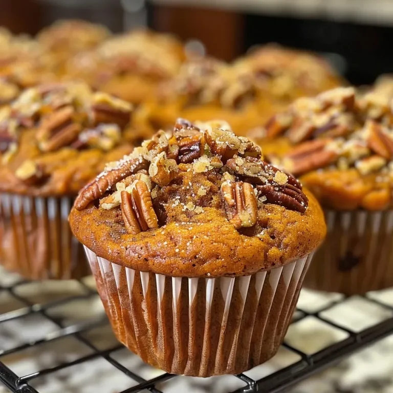 ['Close-up image of moist Pumpkin Pecan Muffins with a cinnamon sugar crumble topping.', 'Side view of Pumpkin Pecan Muffins showcasing their golden brown crumble topping.', 'Deliciously baked Pumpkin Pecan Muffins displayed with a sprinkle of cinnamon sugar.', 'Fluffy Pumpkin Pecan Muffins featuring a crunchy pecan topping and rich color.']