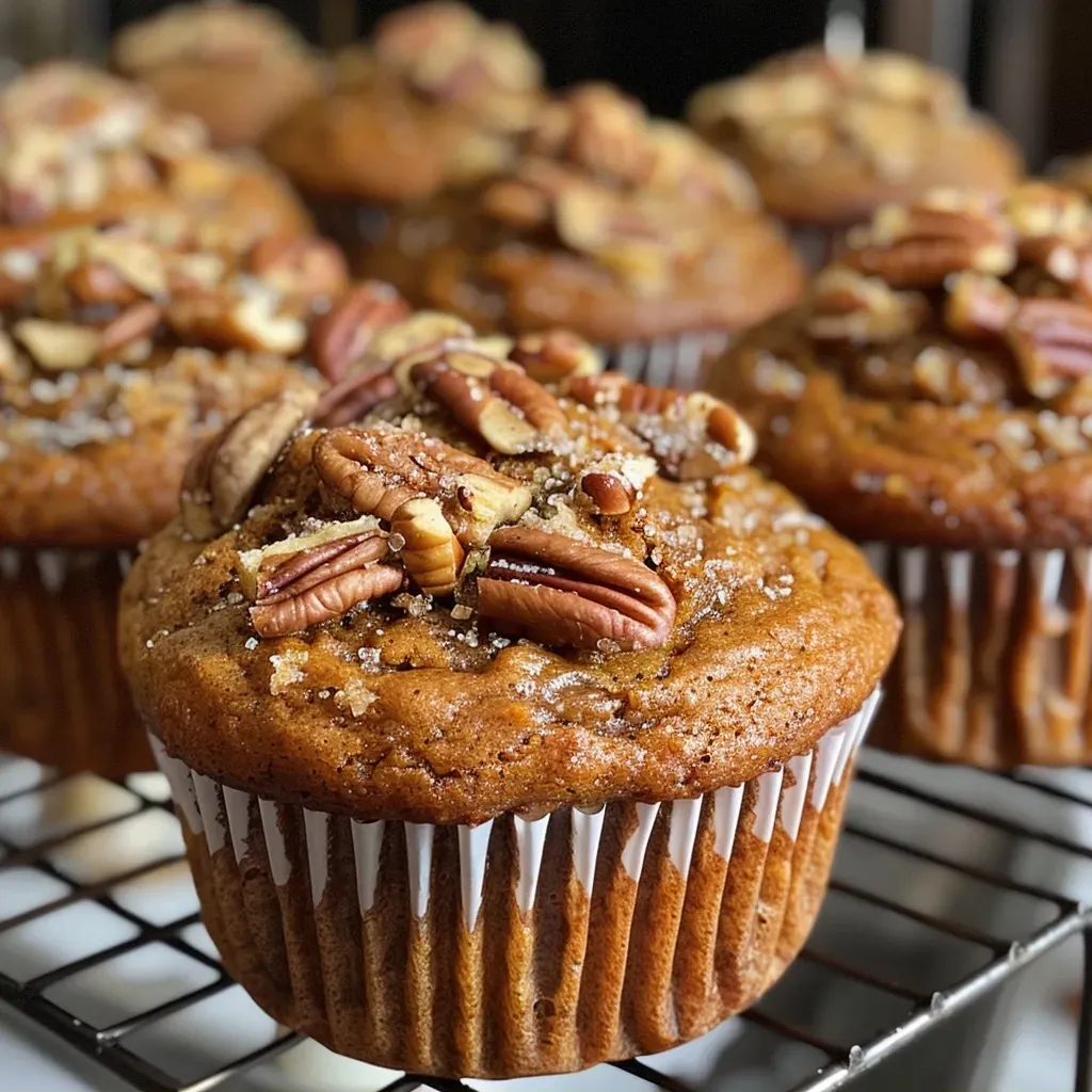 ['Close-up image of moist Pumpkin Pecan Muffins with a cinnamon sugar crumble topping.', 'Side view of Pumpkin Pecan Muffins showcasing their golden brown crumble topping.', 'Deliciously baked Pumpkin Pecan Muffins displayed with a sprinkle of cinnamon sugar.', 'Fluffy Pumpkin Pecan Muffins featuring a crunchy pecan topping and rich color.']