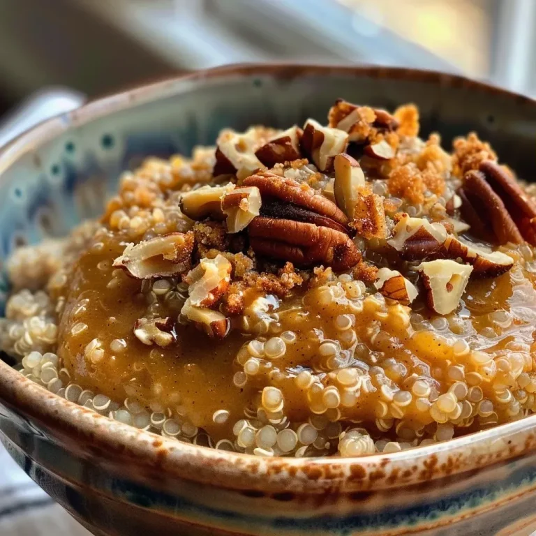 ['Side view of a bowl filled with Pumpkin Pie Breakfast Quinoa topped with pecans.', 'Close-up of a creamy Pumpkin Pie Breakfast Quinoa with a sprinkle of cinnamon on top.', 'A vibrant bowl of quinoa flakes mixed with pumpkin puree and nuts, served for breakfast.', 'Detailed shot of a nutritious breakfast bowl featuring pumpkin, cinnamon, and quinoa flakes.']