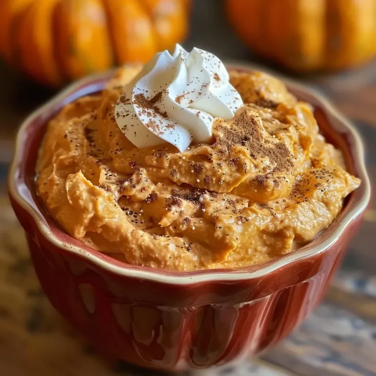 ['Close-up side view of a creamy Pumpkin Pie Dip in a bowl with a smooth texture.', 'Detailed view of a dessert made from pumpkin puree and whipped topping, garnished for presentation.', 'A rich Pumpkin Pie Dip served in a dish, showcasing its inviting orange color and creamy consistency.', 'Side perspective of a bowl filled with Pumpkin Pie Dip, highlighting its fluffy appearance and festive look.']
