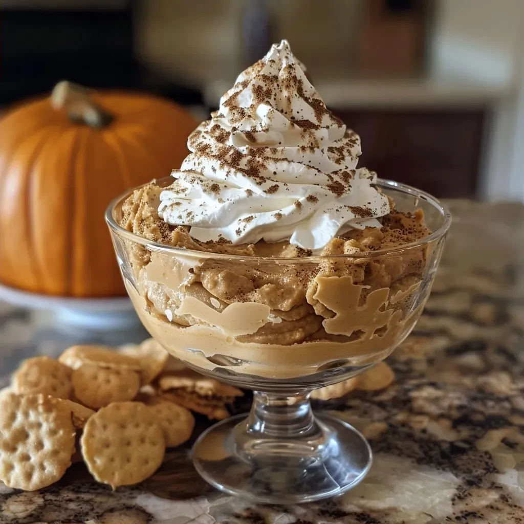 Close-up side view of a creamy Pumpkin Pie Dip in a bowl with a smooth texture.