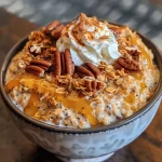 ['Close-up view of Pumpkin Pie Overnight Oats in a glass jar topped with whipped cream and pecans.', 'Side view of Pumpkin Pie Overnight Oats with granola and spices visible, presented in a clear container.', 'Creamy Pumpkin Pie Overnight Oats with a sprinkle of cinnamon and nuts, beautifully layered in a dish.', 'Delicious Pumpkin Pie Overnight Oats featuring a rich orange color and garnished with yogurt and chopped pecans.']