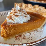 ['Close-up view of a slice of pumpkin pie on a white plate.', 'Side view photograph of a decadent pumpkin pie with a flaky crust.', 'A delicious piece of pumpkin pie topped with whipped cream and spices.', 'Detailed image of homemade pumpkin pie showcasing its rich filling and crust.']