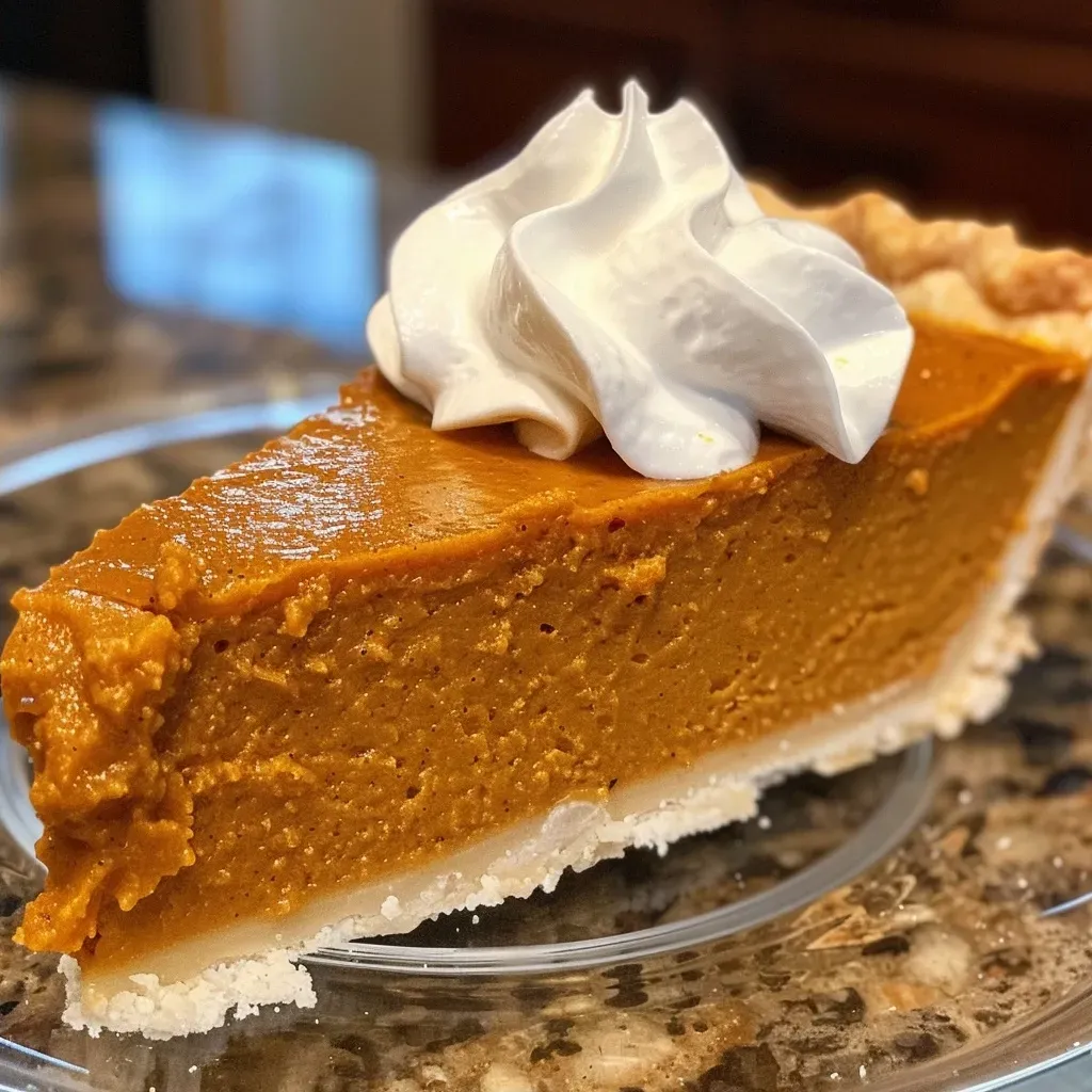 Close-up view of a slice of pumpkin pie on a white plate.