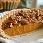 ['Close-up view of a pumpkin praline tart with a golden crust and crunchy pecan topping.', 'Side view of a slice of sea salted pumpkin praline tart showcasing its creamy filling and sprinkle of flaky salt.', 'Detailed shot of a pumpkin praline tart, highlighting its rich orange filling and buttery crust.', 'Artistic view of a pumpkin tart topped with pecans and a hint of sea salt, emphasizing its textures.']