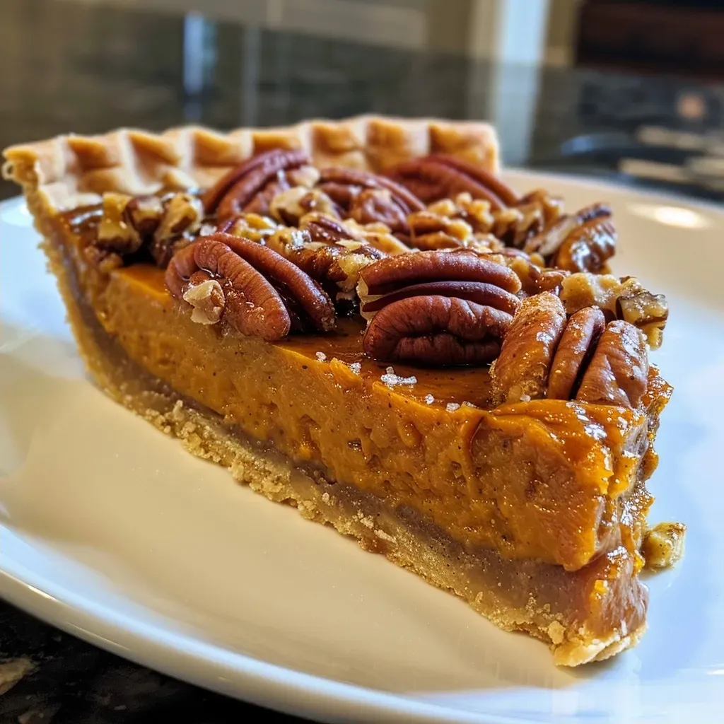 ['Close-up view of a pumpkin praline tart with a golden crust and crunchy pecan topping.', 'Side view of a slice of sea salted pumpkin praline tart showcasing its creamy filling and sprinkle of flaky salt.', 'Detailed shot of a pumpkin praline tart, highlighting its rich orange filling and buttery crust.', 'Artistic view of a pumpkin tart topped with pecans and a hint of sea salt, emphasizing its textures.']
