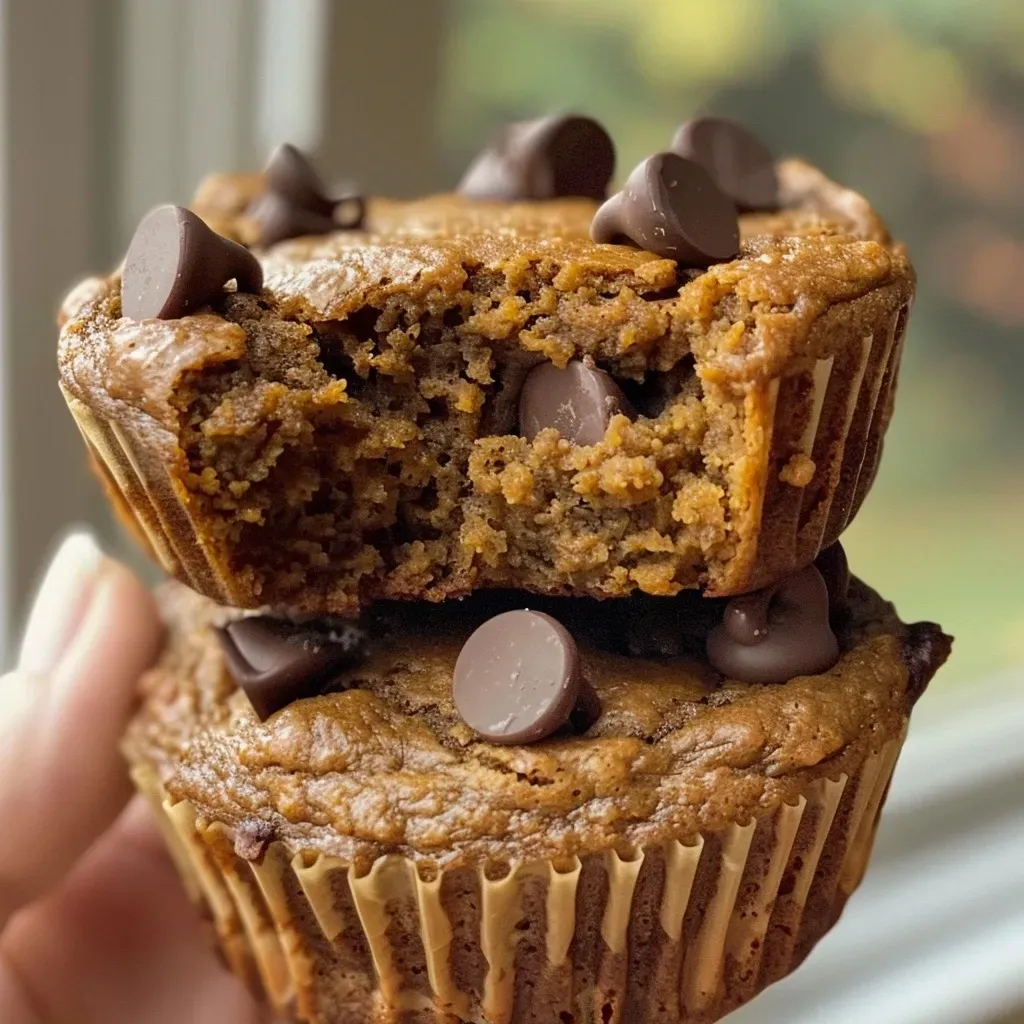['Close-up side view of a moist Pumpkin Protein Muffin with chocolate chips.', 'Delicious Pumpkin Protein Muffin displaying a golden-brown exterior and chocolate chip topping.', 'Side profile of a freshly baked Pumpkin Protein Muffin, highlighting its fluffy texture and rich color.', 'Juicy Pumpkin Protein Muffin featuring mini chocolate chips, showcasing its soft and inviting interior.']
