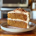 ['Close-up side view of a moist pumpkin spice latte cake with cream cheese frosting.', 'A delectable slice of pumpkin spice latte cake showcasing its layered texture and rich frosting.', 'Detailed view of a pumpkin spice latte cake decorated with cream cheese frosting and espresso dust.', 'Side profile of a pumpkin spice latte cake revealing its fluffy layers and vibrant orange hue.']