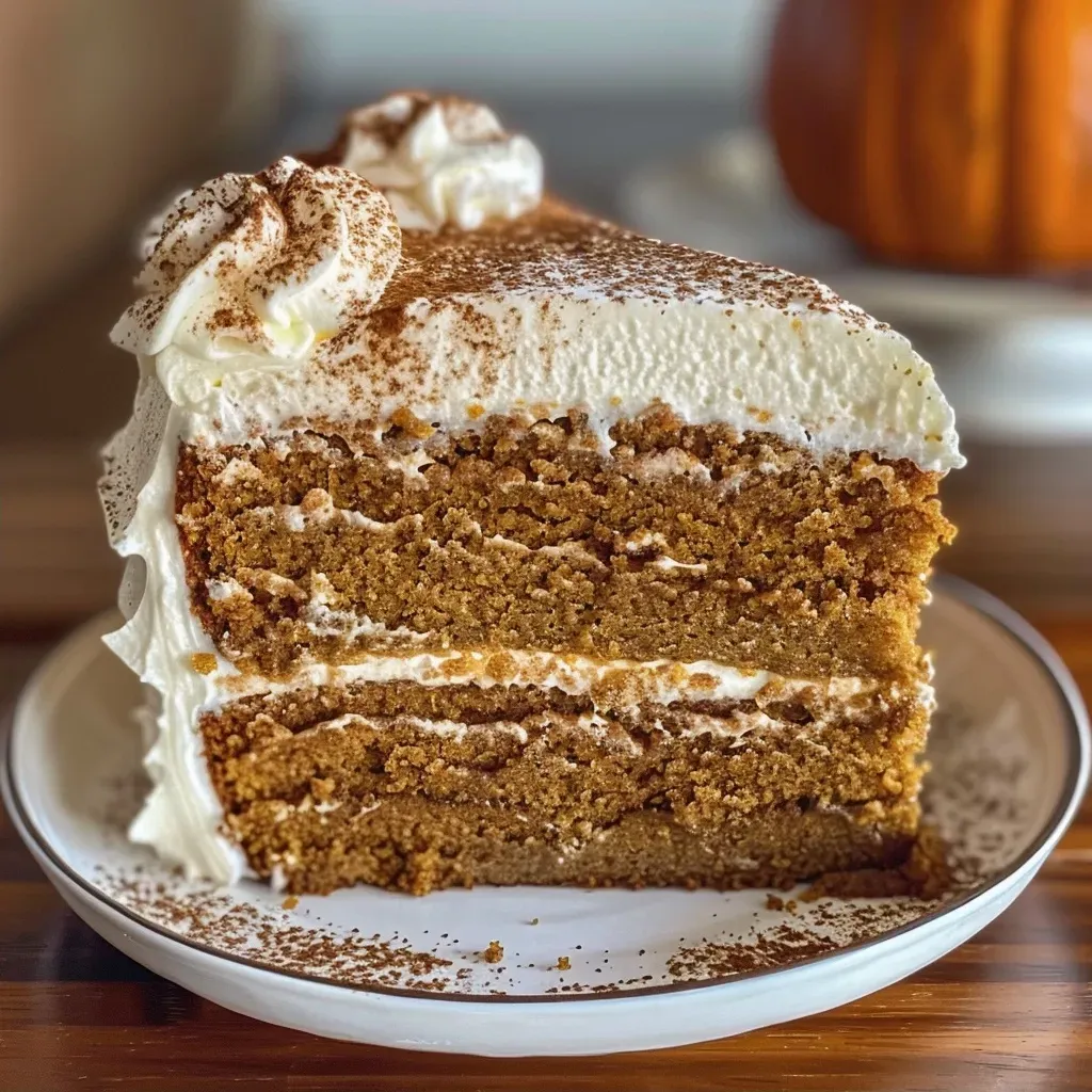 Close-up side view of a moist pumpkin spice latte cake with cream cheese frosting.