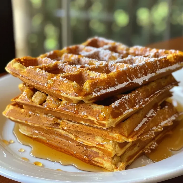 ['Close-up view of golden brown pumpkin waffles stacked on a plate.', 'Side view of fluffy pumpkin waffles topped with whipped cream and syrup.', 'Delicious pumpkin waffles garnished with chopped pecans and powdered sugar.', 'A mouth-watering arrangement of pumpkin waffles with a drizzle of maple syrup.']