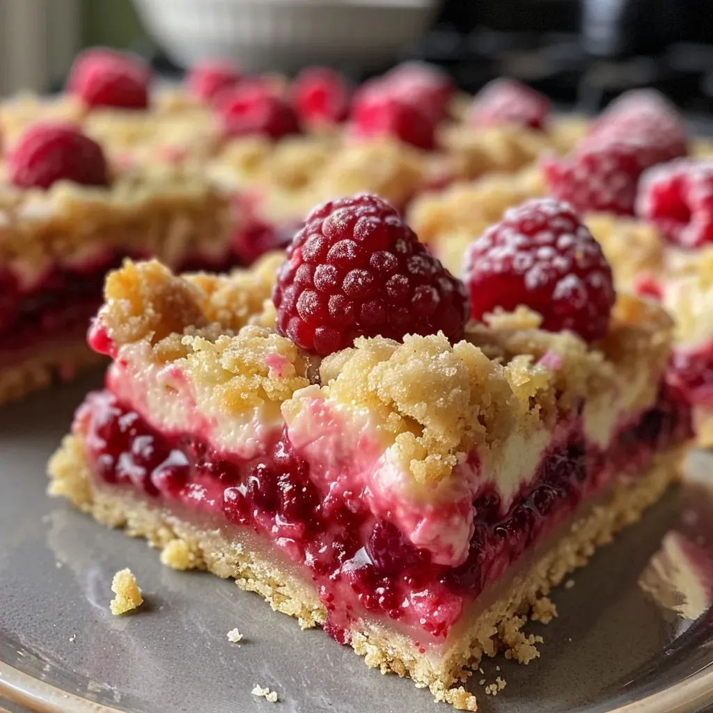 Close-up view of Raspberry Cheesecake Crumble Bars showcasing a golden crumble topping and vibrant raspberry filling.