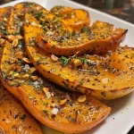 ['Close-up of roasted honeynut squash garnished with thyme and pepitas.', 'Side view of juicy roasted honeynut squash with brown butter drizzle.', 'Halved honeynut squash roasted to perfection, showcasing its caramelized edges.', 'A vibrant plate of roasted honeynut squash with herbs and spices.']