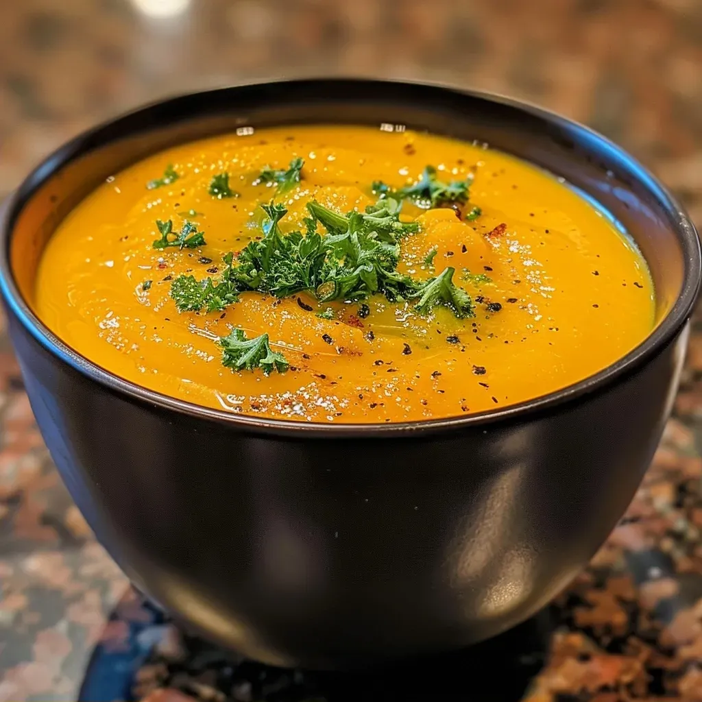 A close-up view of a bowl of roasted pumpkin soup with garnishes.