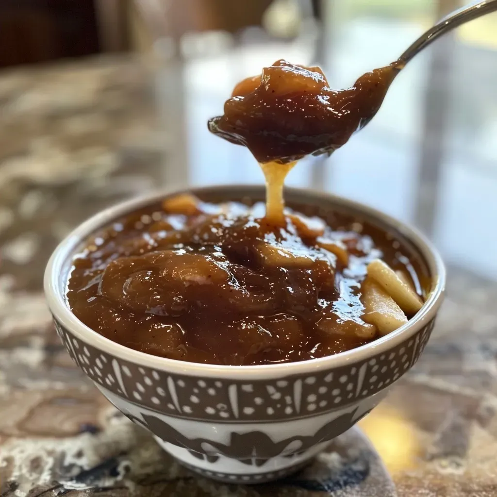 ['A close-up view of a jar filled with golden-brown salted caramel apple butter.', 'A side view of luscious salted caramel apple butter in a glass jar with a wooden spoon.', 'An inviting scene showcasing a jar of salted caramel apple butter against a rustic background.', 'A delectable close-up of salted caramel apple butter, highlighting its smooth, glossy texture.']