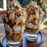 ['Close-up view of a layered Salted Caramel Apple Parfait with chunks of apple and caramel drizzle.', 'Side view of a dessert glass filled with Salted Caramel Apple Parfait, showing the creamy layers and toppings.', 'Juicy Salted Caramel Apple Parfait displayed in a glass, featuring apples, oats, and caramel sauce.', 'Detailed look at a Salted Caramel Apple Parfait with visible apple pieces, cream, and crunchy toppings.']