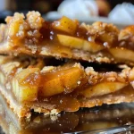 ['Close-up view of Salted Caramel Apple Pie Bars showcasing apple slices and caramel drizzle.', 'Side angle of a golden-brown Salted Caramel Apple Pie Bar with visible layers of caramel and apples.', 'A vibrant slice of Salted Caramel Apple Pie Bar topped with a glossy caramel sheen.', 'Detailed image of Salted Caramel Apple Pie Bars with chunks of apple peeking through the crust.']