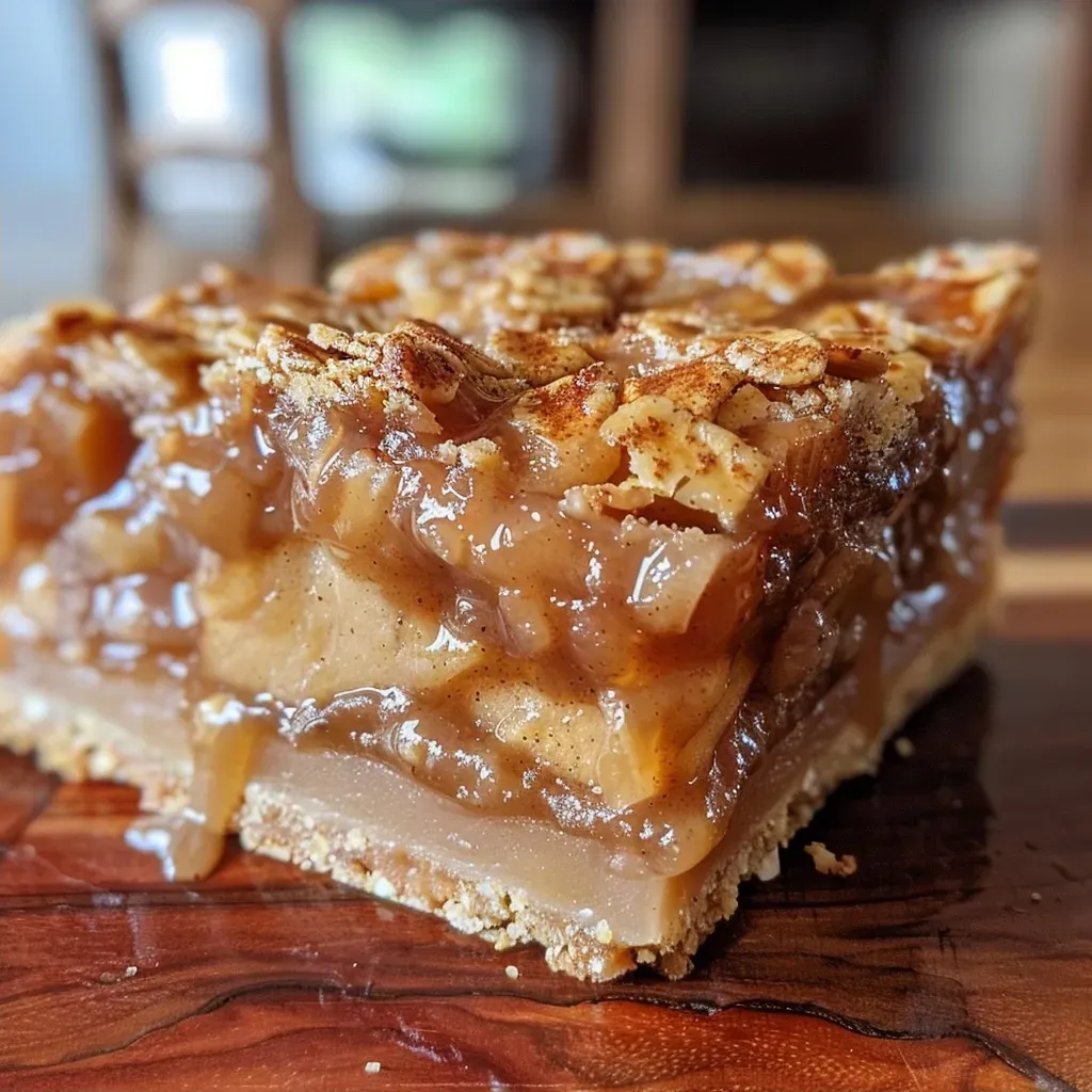 ['Close-up view of Salted Caramel Apple Pie Bars showcasing apple slices and caramel drizzle.', 'Side angle of a golden-brown Salted Caramel Apple Pie Bar with visible layers of caramel and apples.', 'A vibrant slice of Salted Caramel Apple Pie Bar topped with a glossy caramel sheen.', 'Detailed image of Salted Caramel Apple Pie Bars with chunks of apple peeking through the crust.']