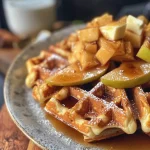 ['Close-up side view of Salted Caramel Apple Waffles topped with caramel drizzle and fresh apple slices.', 'Juicy Salted Caramel Apple Waffles served on a plate, showcasing caramel sauce and chopped apples.', 'Side shot of fluffy waffles layered with caramel and apple toppings, highlighting their delicious texture.', 'Appetizing display of Salted Caramel Apple Waffles with a rich caramel glaze and sliced apples on top.']
