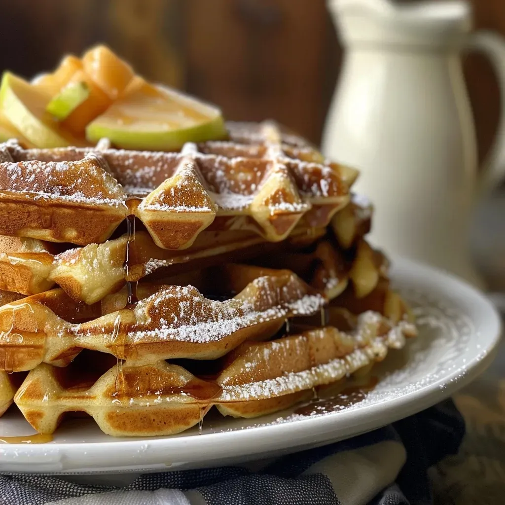 ['Close-up side view of Salted Caramel Apple Waffles topped with caramel drizzle and fresh apple slices.', 'Juicy Salted Caramel Apple Waffles served on a plate, showcasing caramel sauce and chopped apples.', 'Side shot of fluffy waffles layered with caramel and apple toppings, highlighting their delicious texture.', 'Appetizing display of Salted Caramel Apple Waffles with a rich caramel glaze and sliced apples on top.']