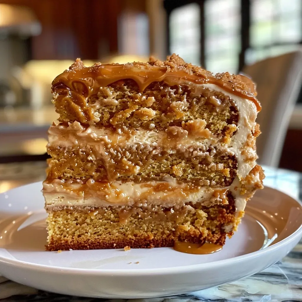 ['A slice of moist pumpkin spice latte cake topped with creamy caramel drizzle and brown butter frosting.', 'Close-up side view of a decadent cake layered with pumpkin, spices, and salted caramel.', 'A deliciously rich pumpkin spice latte cake adorned with a glossy caramel glaze and smooth frosting.', 'Vibrant slice of pumpkin cake showcasing rich layers and glistening caramel topping.']