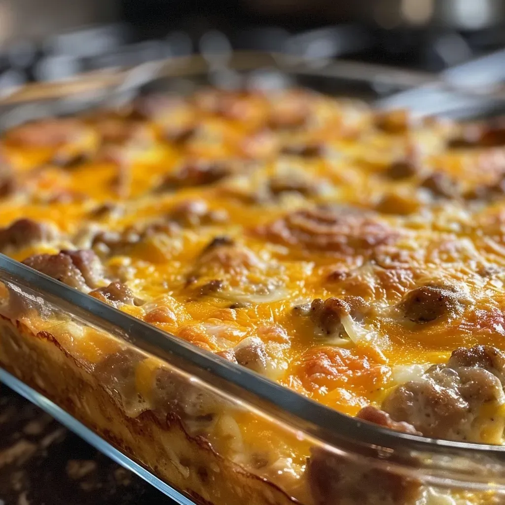 A close-up view of a juicy sausage and egg breakfast casserole with golden cheese on top.