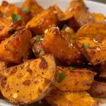 ['Close-up view of sautéed sweet potato cubes glistening with olive oil.', 'Golden-brown sautéed sweet potato pieces seasoned and cooked to perfection.', 'Side view of vibrant sautéed sweet potatoes on a white plate, showcasing their texture.', 'Juicy sautéed sweet potato chunks garnished with spices, captured in natural light.']