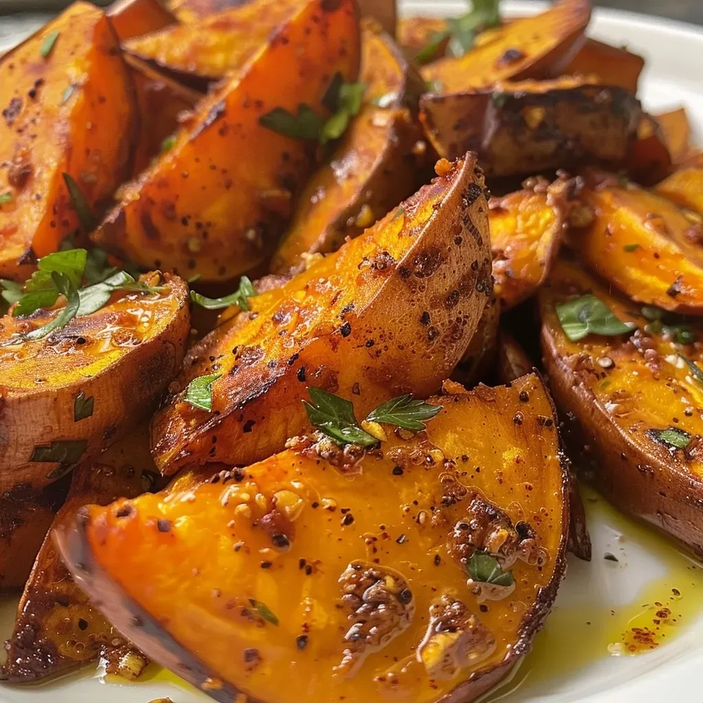 ['Close-up view of sautéed sweet potato cubes glistening with olive oil.', 'Golden-brown sautéed sweet potato pieces seasoned and cooked to perfection.', 'Side view of vibrant sautéed sweet potatoes on a white plate, showcasing their texture.', 'Juicy sautéed sweet potato chunks garnished with spices, captured in natural light.']