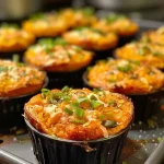 ['Close-up view of a golden-brown savory sweet potato muffin with visible spring onions and seeds.', 'Side view of a delicious muffin showcasing its soft texture and colorful ingredients like sweet potatoes and red chillies.', 'Juicy sweet potato muffin with a crumbly exterior, garnished with seeds and red chillies on a white plate.', 'Savory muffin displaying a blend of orange and green hues, featuring a crispy top and moist inside.']