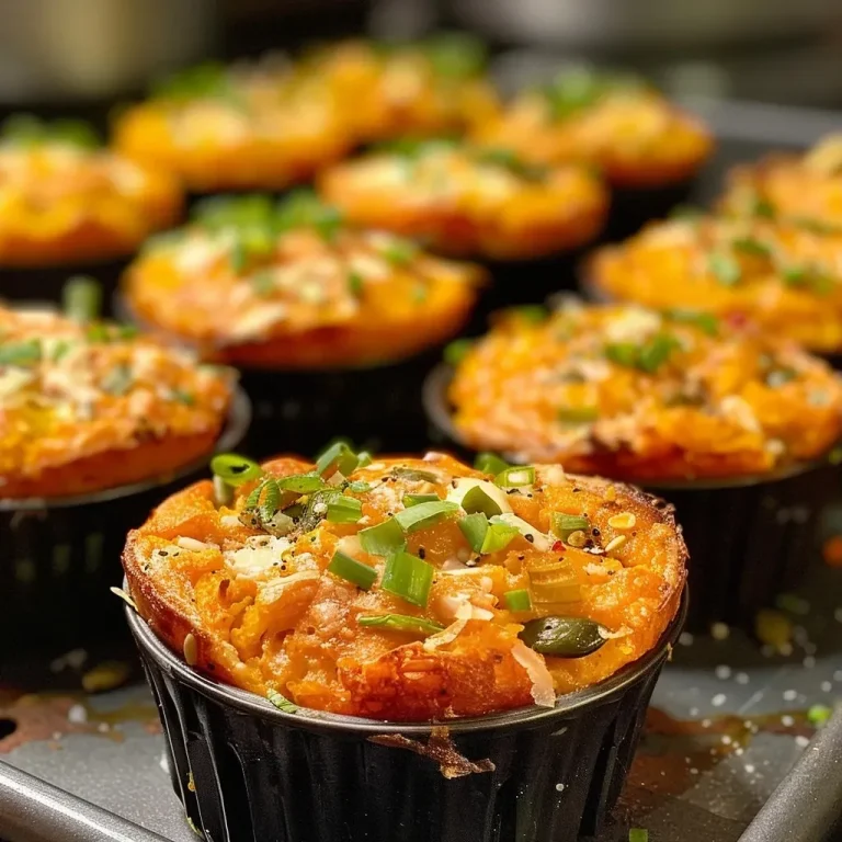 ['Close-up view of a golden-brown savory sweet potato muffin with visible spring onions and seeds.', 'Side view of a delicious muffin showcasing its soft texture and colorful ingredients like sweet potatoes and red chillies.', 'Juicy sweet potato muffin with a crumbly exterior, garnished with seeds and red chillies on a white plate.', 'Savory muffin displaying a blend of orange and green hues, featuring a crispy top and moist inside.']