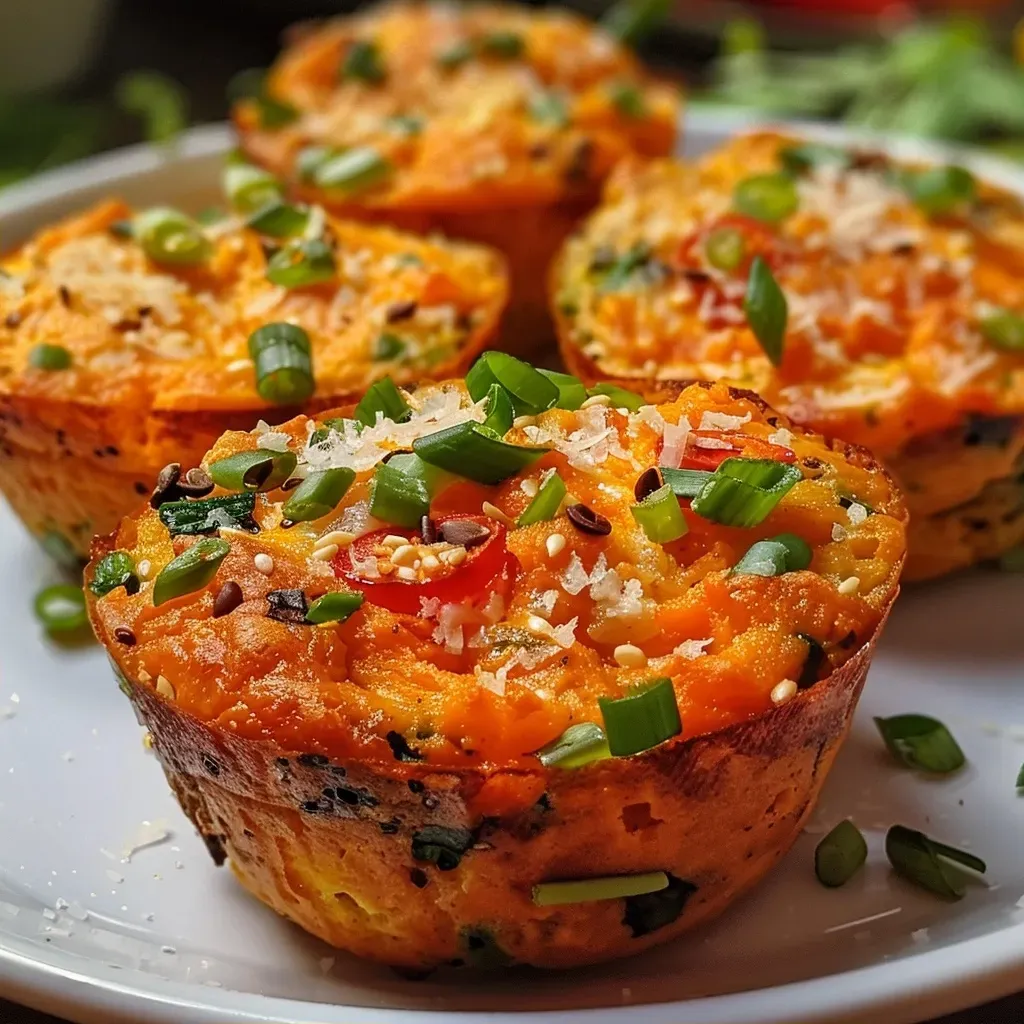 ['Close-up view of a golden-brown savory sweet potato muffin with visible spring onions and seeds.', 'Side view of a delicious muffin showcasing its soft texture and colorful ingredients like sweet potatoes and red chillies.', 'Juicy sweet potato muffin with a crumbly exterior, garnished with seeds and red chillies on a white plate.', 'Savory muffin displaying a blend of orange and green hues, featuring a crispy top and moist inside.']