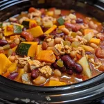 ['Side view of a bowl of Slow Cooker Fall Harvest Chili with vibrant colors and chunky ingredients.', 'Close-up of a hearty chili featuring ground chicken, beans, and seasonal vegetables in a slow cooker.', 'Rich and colorful Slow Cooker Fall Harvest Chili displayed in a bowl with visible pumpkin and butternut squash.', 'Appetizing side profile of a fall-inspired chili overflowing with ingredients like chicken, beans, and spices.']