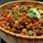 ['Close-up of a bowl of Slow Cooker Protein Chili topped with avocado and sour cream.', 'Side view of a hearty Slow Cooker Protein Chili served in a rustic bowl with green onions.', 'Juicy Slow Cooker Protein Chili in a bowl with toppings, showcasing a thick texture.', 'A vibrant dish of Slow Cooker Protein Chili featuring colorful vegetables and beans.']