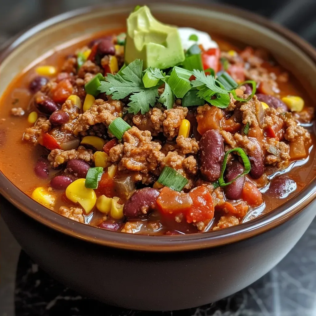 Close-up of a bowl of Slow Cooker Protein Chili topped with avocado and sour cream.
