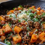 ['Close-up of a Southwest Ground Beef and Sweet Potato Skillet, showcasing vibrant ingredients.', 'Juicy ground beef and diced sweet potatoes in a skillet, garnished with cilantro.', 'Colorful mixture of ground beef, sweet potatoes, and spices in a frying pan.', 'Side view of a sizzling Southwest beef and sweet potato dish, topped with cheese.']