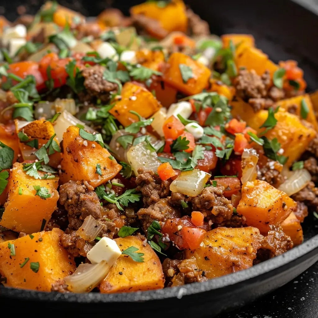['Close-up of a Southwest Ground Beef and Sweet Potato Skillet, showcasing vibrant ingredients.', 'Juicy ground beef and diced sweet potatoes in a skillet, garnished with cilantro.', 'Colorful mixture of ground beef, sweet potatoes, and spices in a frying pan.', 'Side view of a sizzling Southwest beef and sweet potato dish, topped with cheese.']