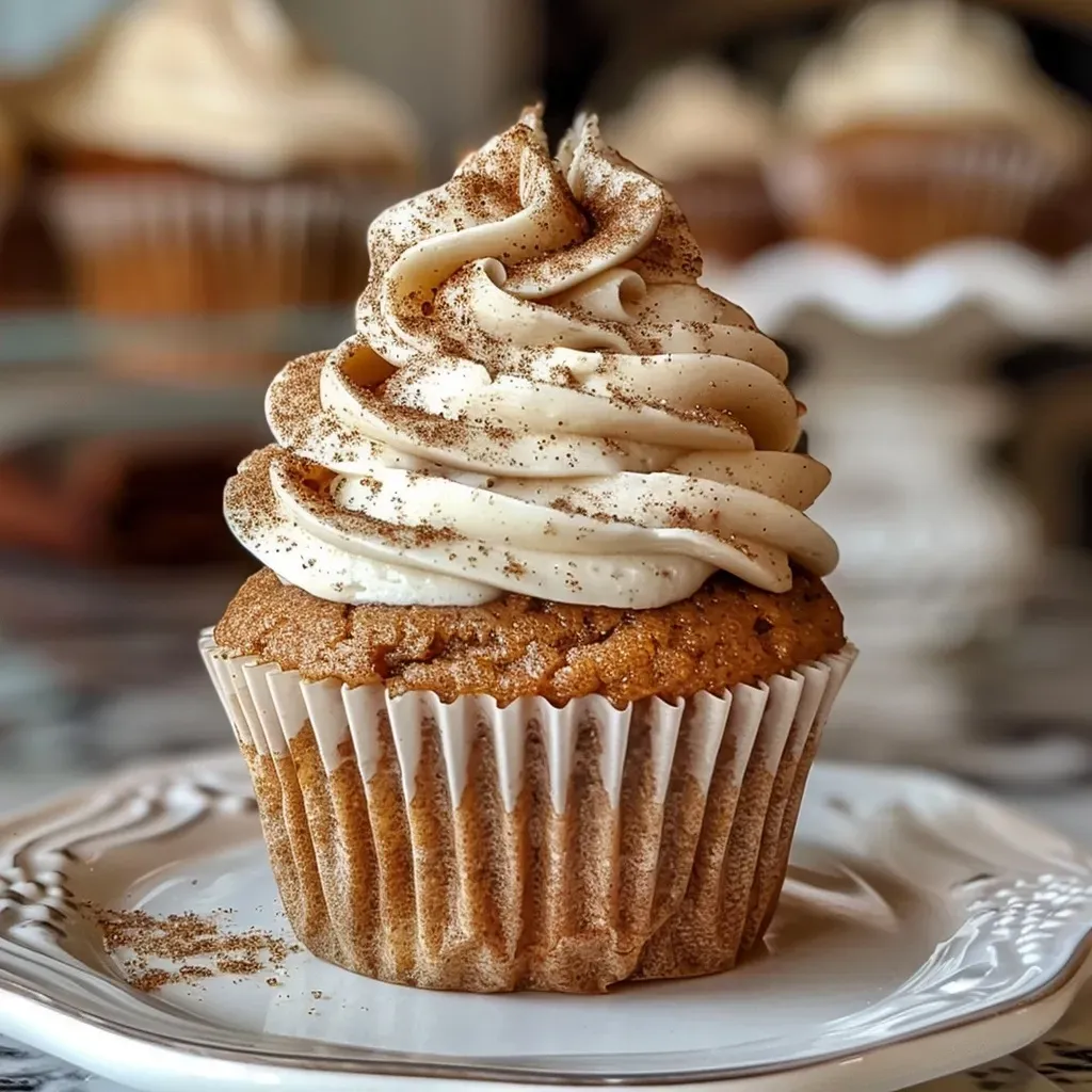 Close-up view of spice cake cupcakes with creamy frosting on top.