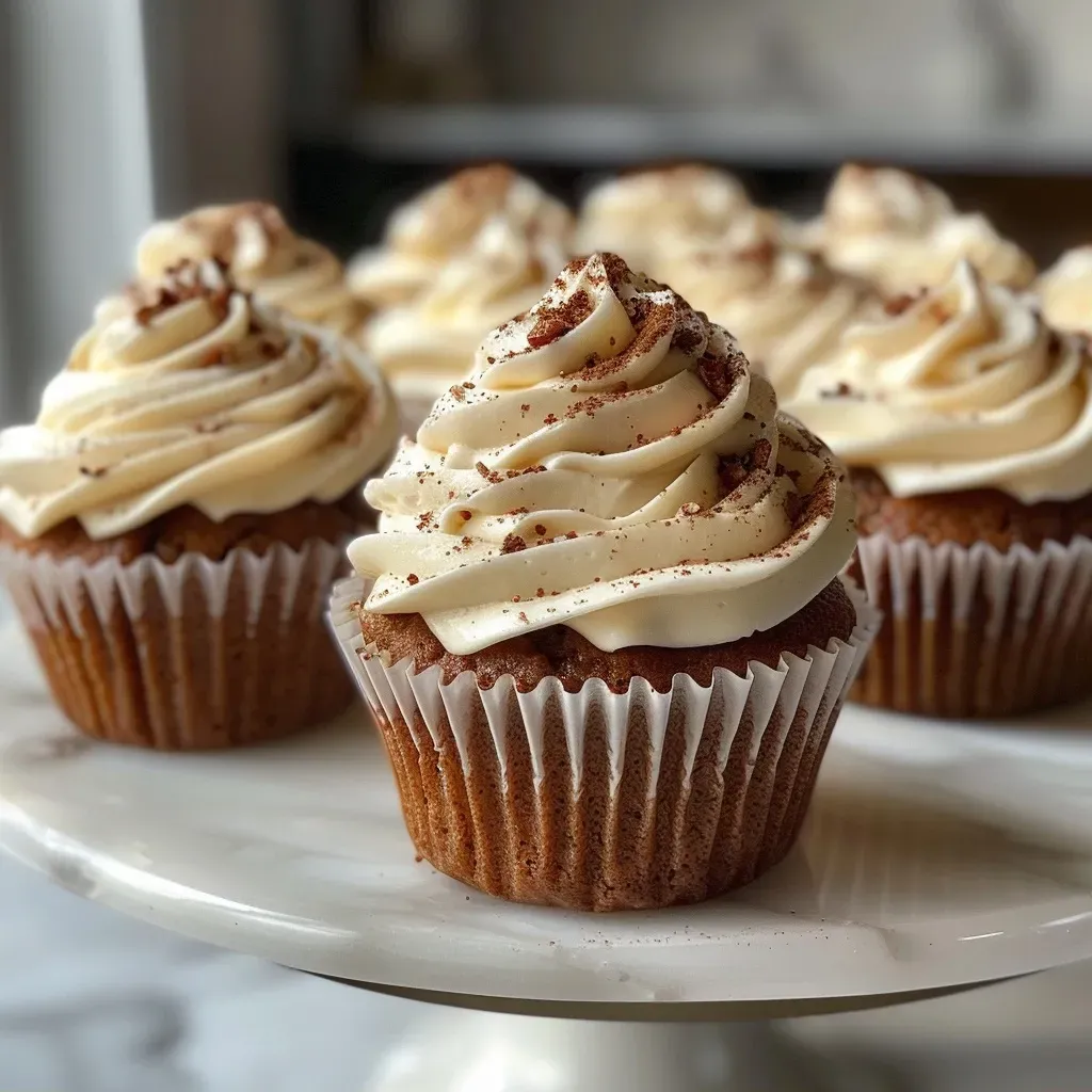 Close-up of spice cupcakes topped with cream cheese frosting and chopped pecans.