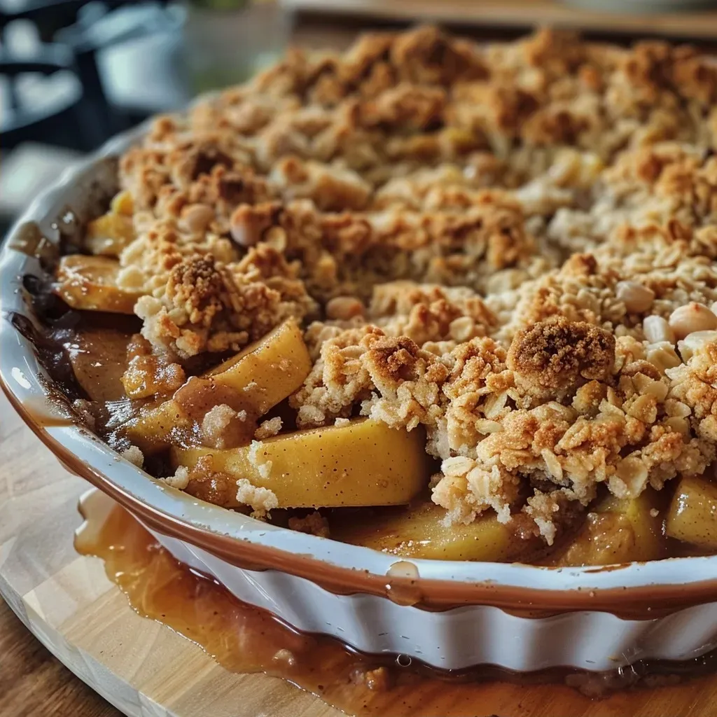 Close-up view of a freshly baked Spiced Apple Crumble with a golden crisp topping.