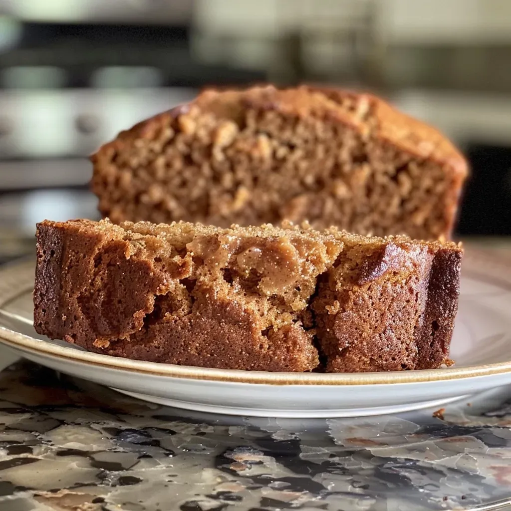 ['Close-up side view of a slice of Spiced Applesauce Bread with a moist texture.', 'Juicy Spiced Applesauce Bread displayed, highlighting its spices and rich color.', 'Delicately sliced Spiced Applesauce Bread showcasing its golden-brown crust and soft interior.', 'A warm slice of Spiced Applesauce Bread featuring visible spices and a crumbly texture.']