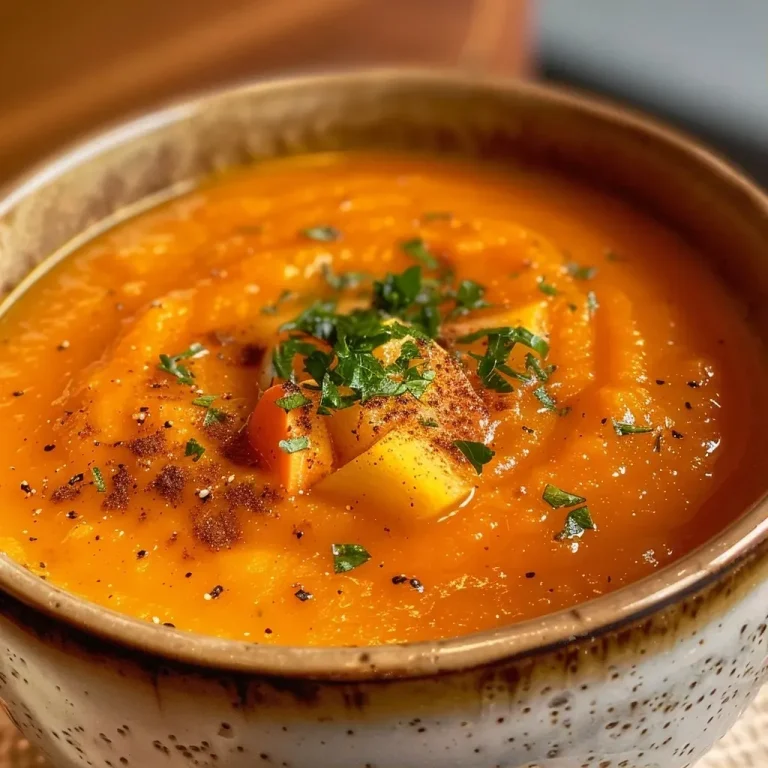 ['Close-up of a bowl of spiced carrot-apple soup with garnishes.', 'Side view of a creamy orange soup featuring carrots and apples.', 'A vibrant bowl of carrot-apple soup with visible spices and herbs.', 'Delicious spiced carrot-apple soup in a white bowl topped with fresh parsley.']