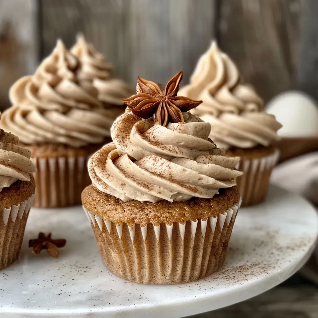 ['Close-up side view of a spiced chai latte cupcake decorated with creamy frosting.', 'A delicious spiced chai latte cupcake with intricate frosting, showcasing its texture.', 'Side view of a moist cupcake flavored with spiced chai, topped with buttercream frosting.', 'Detailed view of a chai latte inspired cupcake, featuring frosted swirls and spice toppings.']