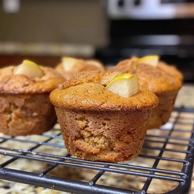 ['Close-up view of golden-brown spiced pear muffins with a soft texture.', 'Side view of freshly baked spiced pear muffins showcasing a moist interior.', 'Juicy spiced pear muffins displayed on a rustic wooden table.', 'Deliciously topped spiced pear muffins ready to be served.']