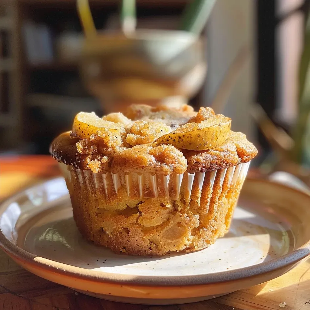 ['Close-up view of golden-brown spiced pear muffins with a soft texture.', 'Side view of freshly baked spiced pear muffins showcasing a moist interior.', 'Juicy spiced pear muffins displayed on a rustic wooden table.', 'Deliciously topped spiced pear muffins ready to be served.']